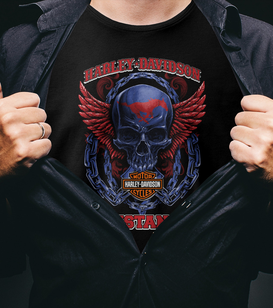Harley Davidson Motor Cycles Mustangs Skull Wings Chains T-Shirt