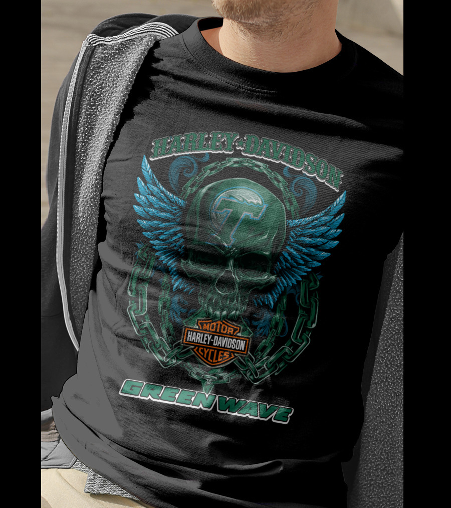 Harley Davidson Motor Cycles Green Wave Skull With Wings And Chains T-Shirt