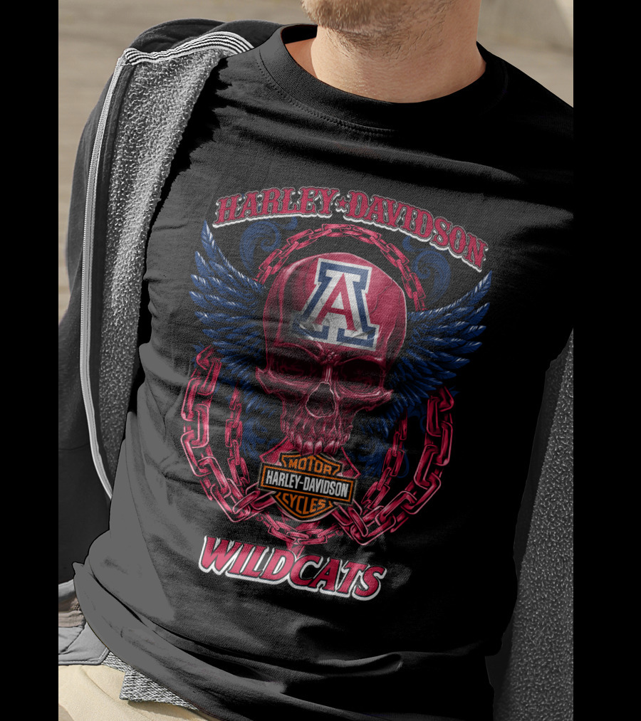 Harley Davidson Arizona Wildcats Motor Cycles Skull And Chains T-Shirt