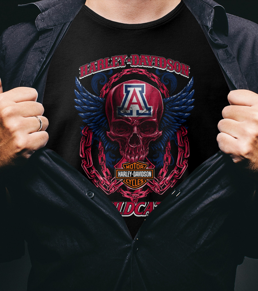 Harley Davidson Arizona Wildcats Motor Cycles Skull And Chains T-Shirt