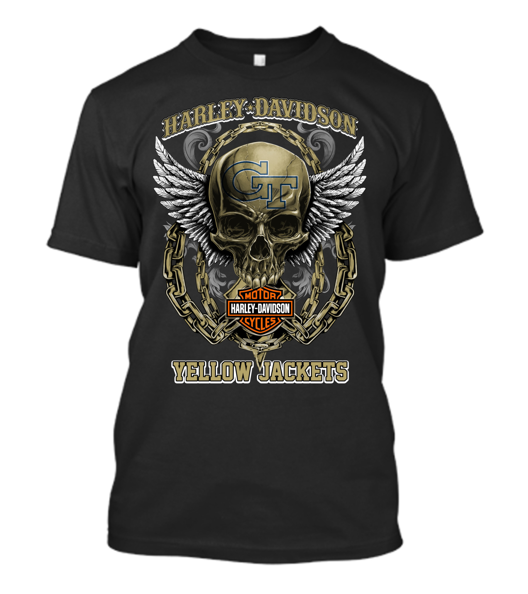 Harley Davidson Georgia Tech Gt Yellow Jackets Skull Wings Chains T-Shirt
