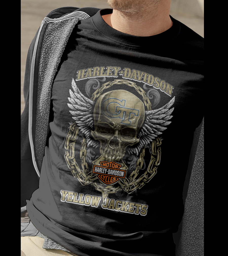 Harley Davidson Georgia Tech Gt Yellow Jackets Skull Wings Chains T-Shirt
