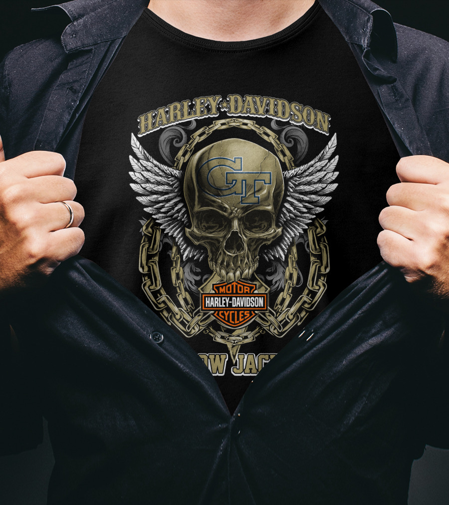 Harley Davidson Georgia Tech Gt Yellow Jackets Skull Wings Chains T-Shirt