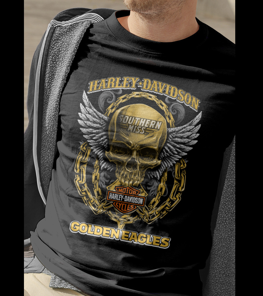 Harley Davidson Southern Miss Golden Eagles Motor Cycles Skull Wings Chains T-Shirt