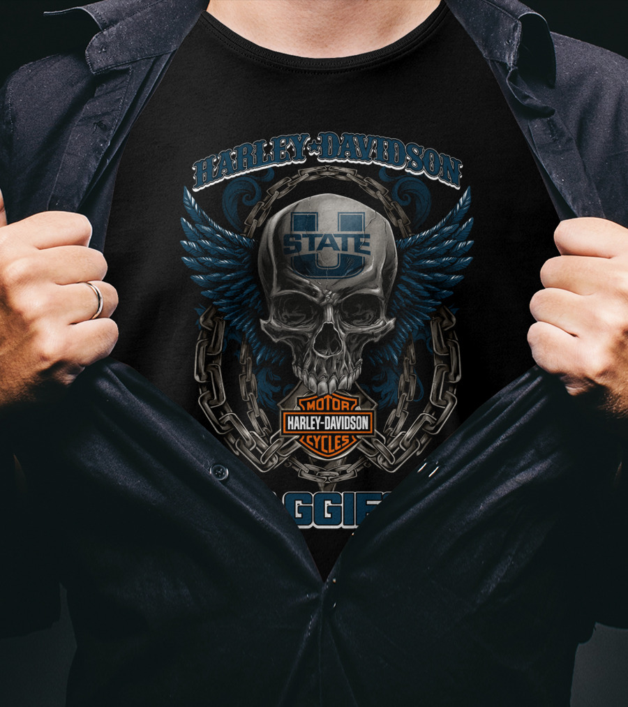 Harley Davidson Utah State Aggies Football Skull With Wings And Chains T-Shirt
