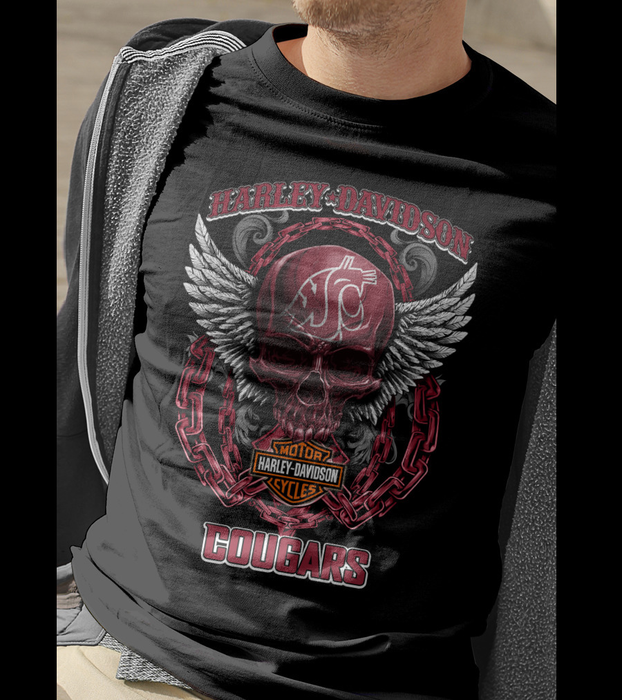 Harley Davidson Cougars Skull Wings Logo Washington State Football T-Shirt