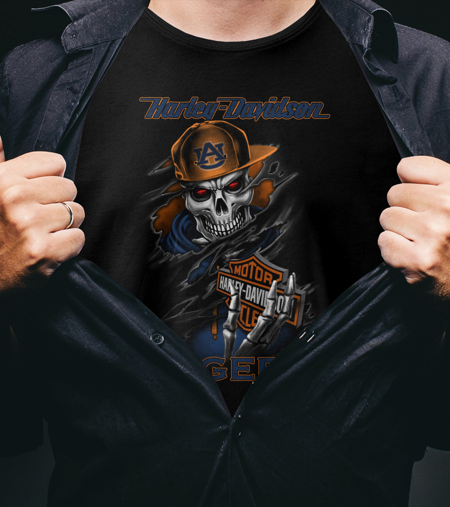 Harley Davidson Auburn Tigers Skull With Cap And Motorcycle T-Shirt