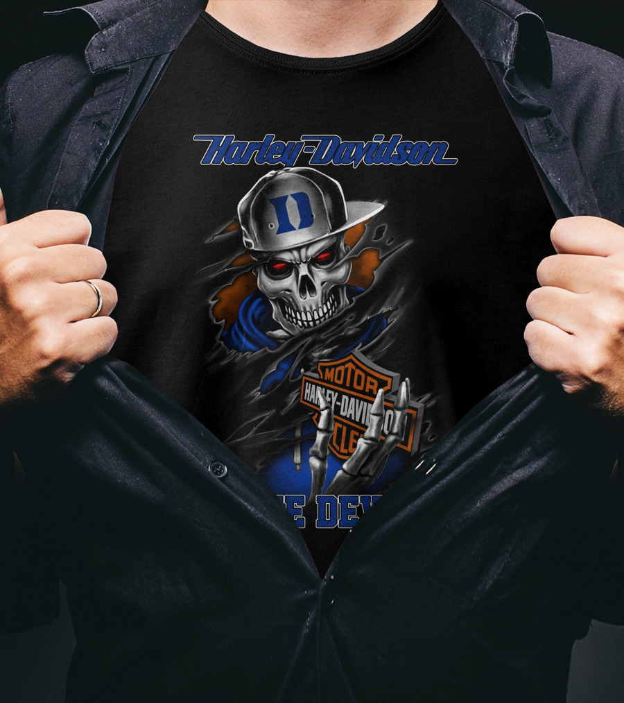 Harley Davidson Blue Devils Skull With Duke Logo And Motorcycle Motif T-Shirt
