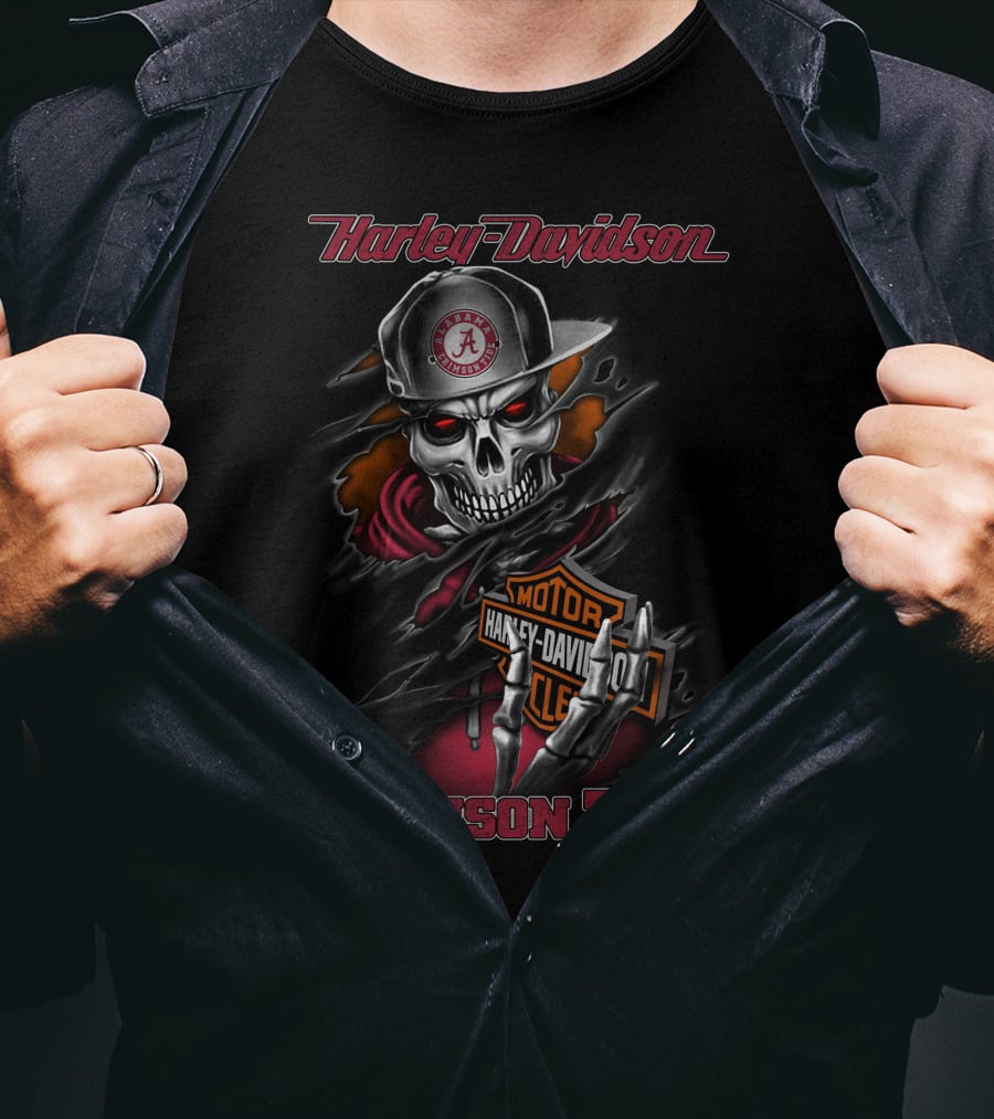 Harley Davidson Alabama Crimson Tide Skulled Rider With Cap And Hoodie T-Shirt