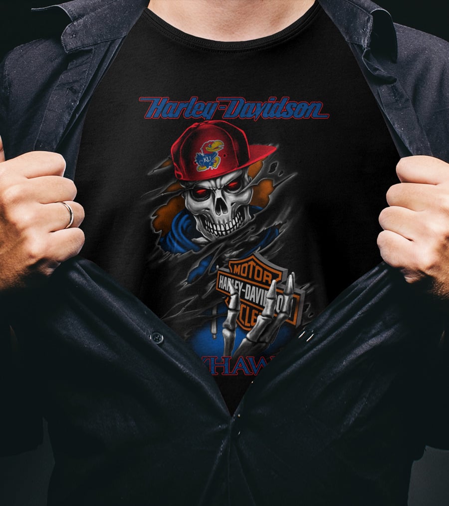Harley Davidson Kansas Jayhawks Skeleton With Motor Harley Davidson Cycle T-Shirt