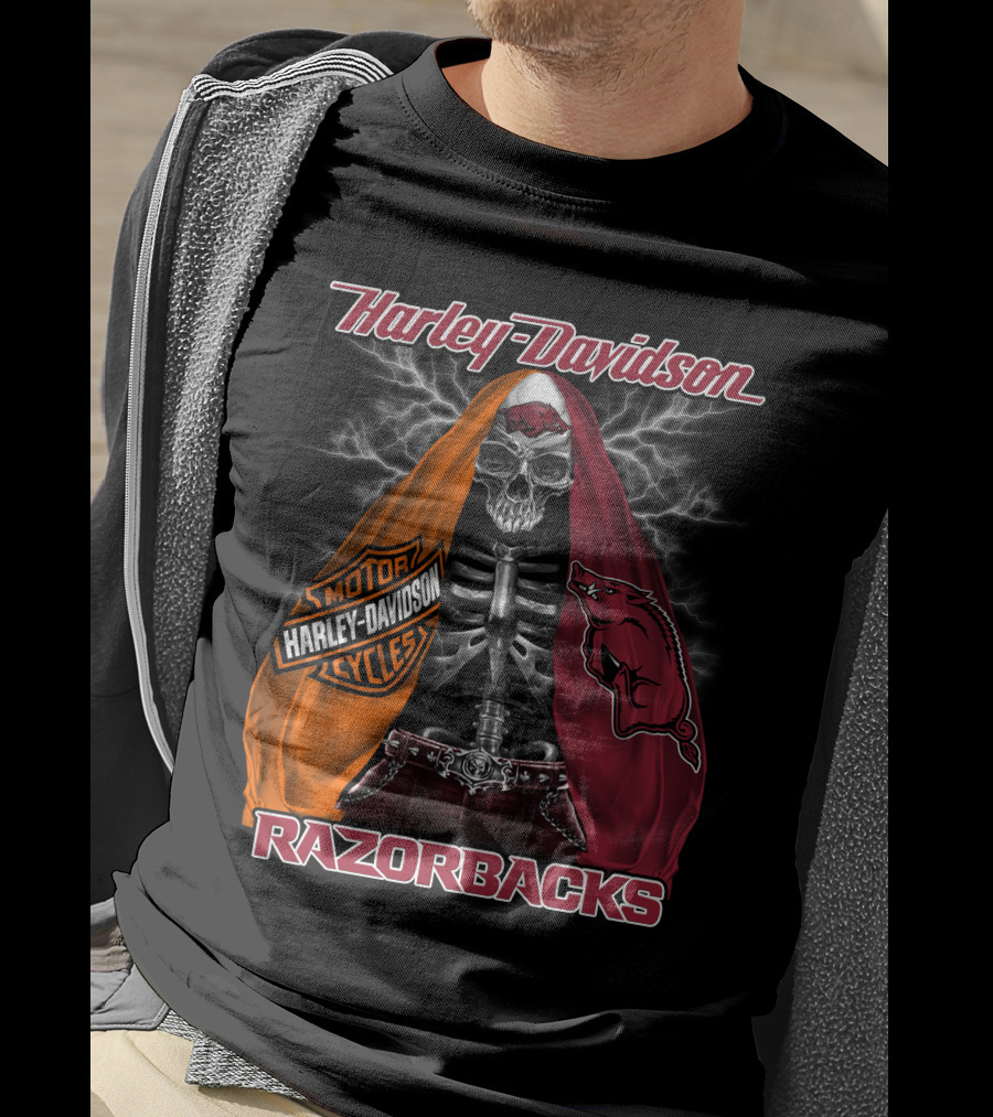 Harley Davidson Razorbacks Motorcycle Skeleton Lightning T-Shirt
