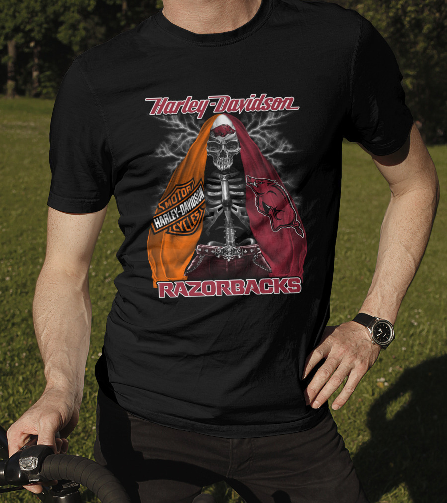 Harley Davidson Razorbacks Motorcycle Skeleton Lightning T-Shirt