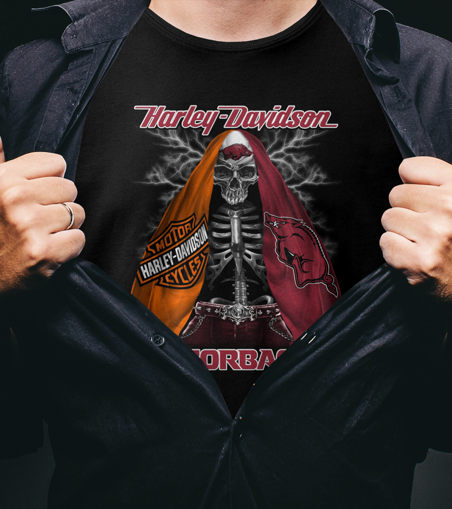 Harley Davidson Razorbacks Motorcycle Skeleton Lightning T-Shirt
