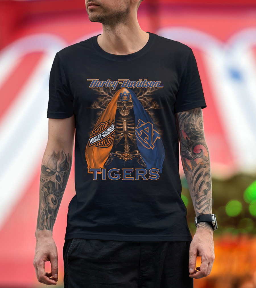 Harley Davidson Auburn Tigers Skeleton Dual Flag T-Shirt