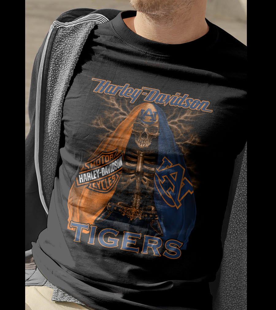 Harley Davidson Auburn Tigers Skeleton Dual Flag T-Shirt