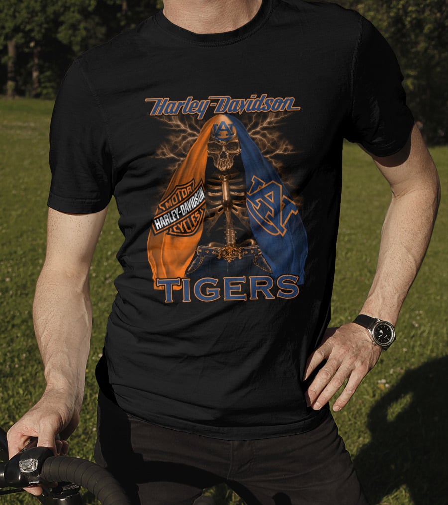 Harley Davidson Auburn Tigers Skeleton Dual Flag T-Shirt