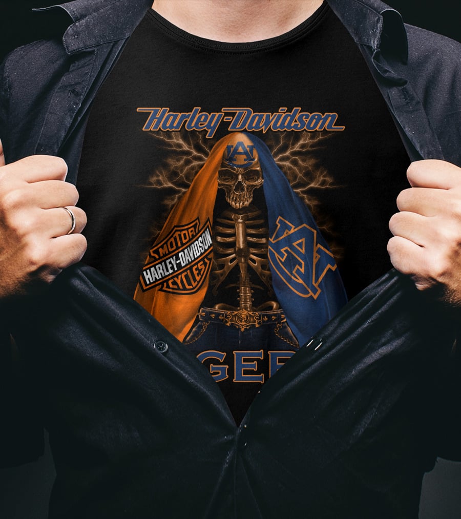 Harley Davidson Auburn Tigers Skeleton Dual Flag T-Shirt