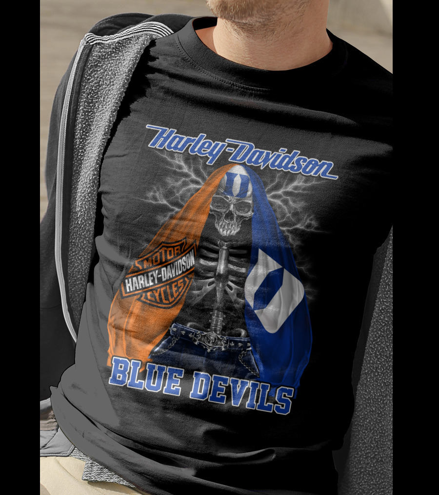 Harley Davidson Blue Devils Skeleton With Motor Cycles And Iconic Scarf T-Shirt