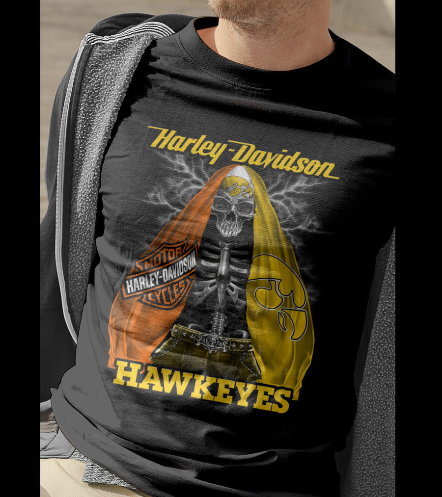 Harley Davidson Iowa Hawkeyes Skull Skeleton With Orange Yellow Flags And Hawkeyes T-Shirt