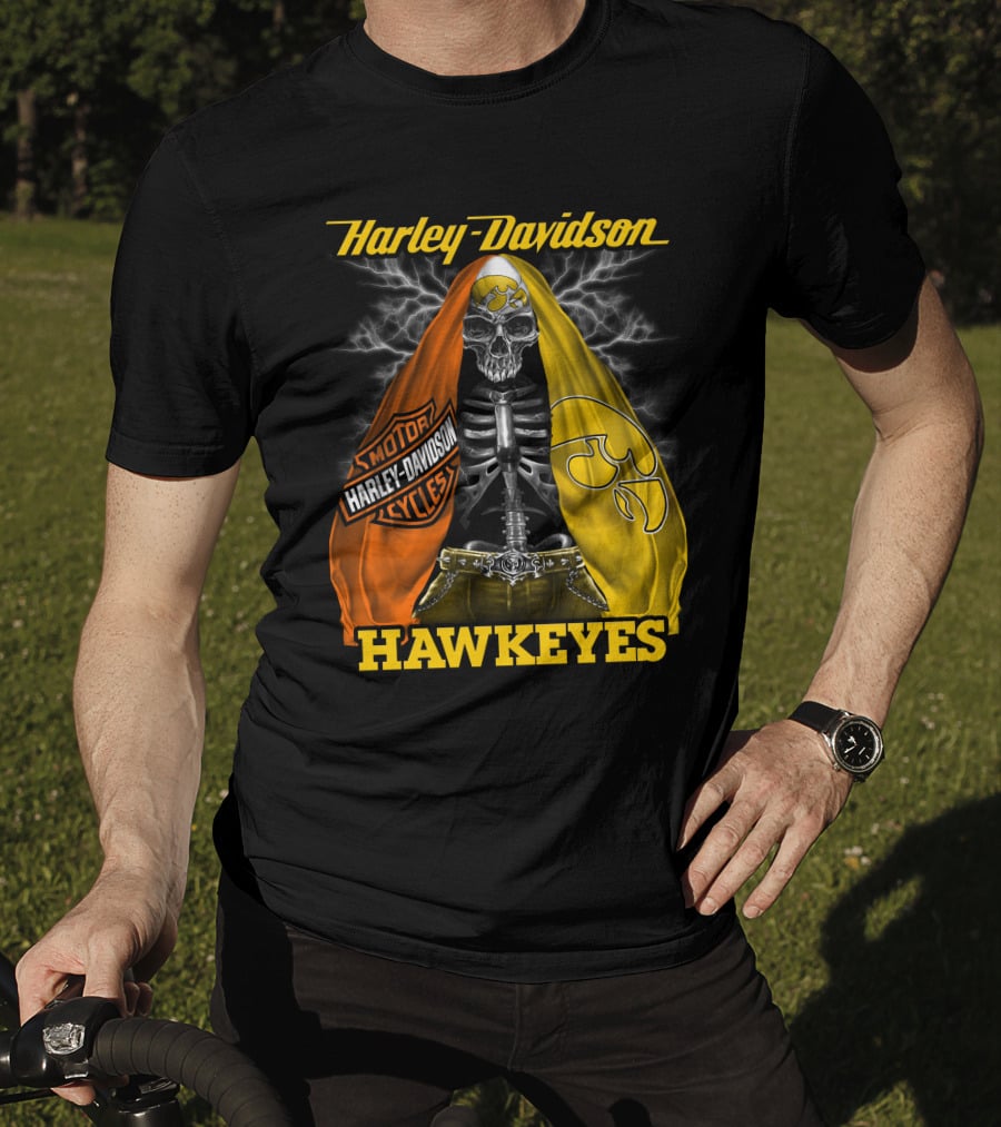 Harley Davidson Iowa Hawkeyes Skull Skeleton With Orange Yellow Flags And Hawkeyes T-Shirt