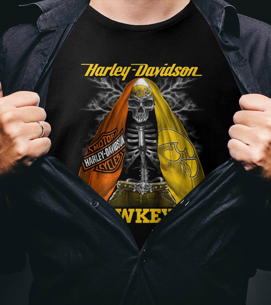 Harley Davidson Iowa Hawkeyes Skull Skeleton With Orange Yellow Flags And Hawkeyes T-Shirt
