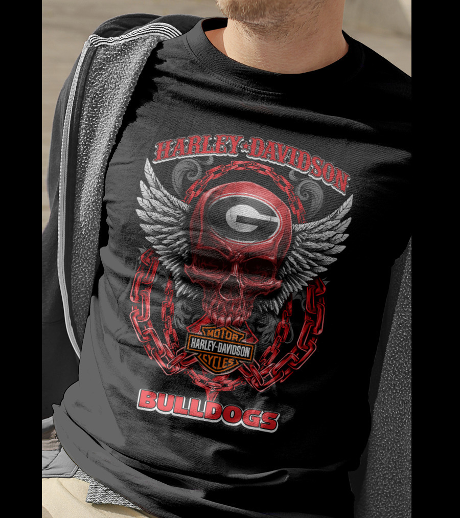 Harley Davidson Georgia Bulldogs Skull With Wings And Chains T-Shirt