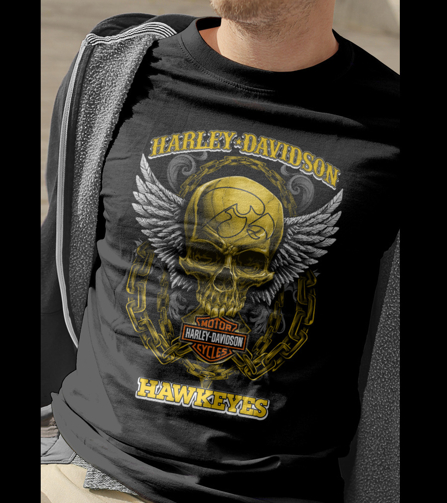 Harley Davidson Motor Cycles Hawkeyes Skull Wings T-Shirt