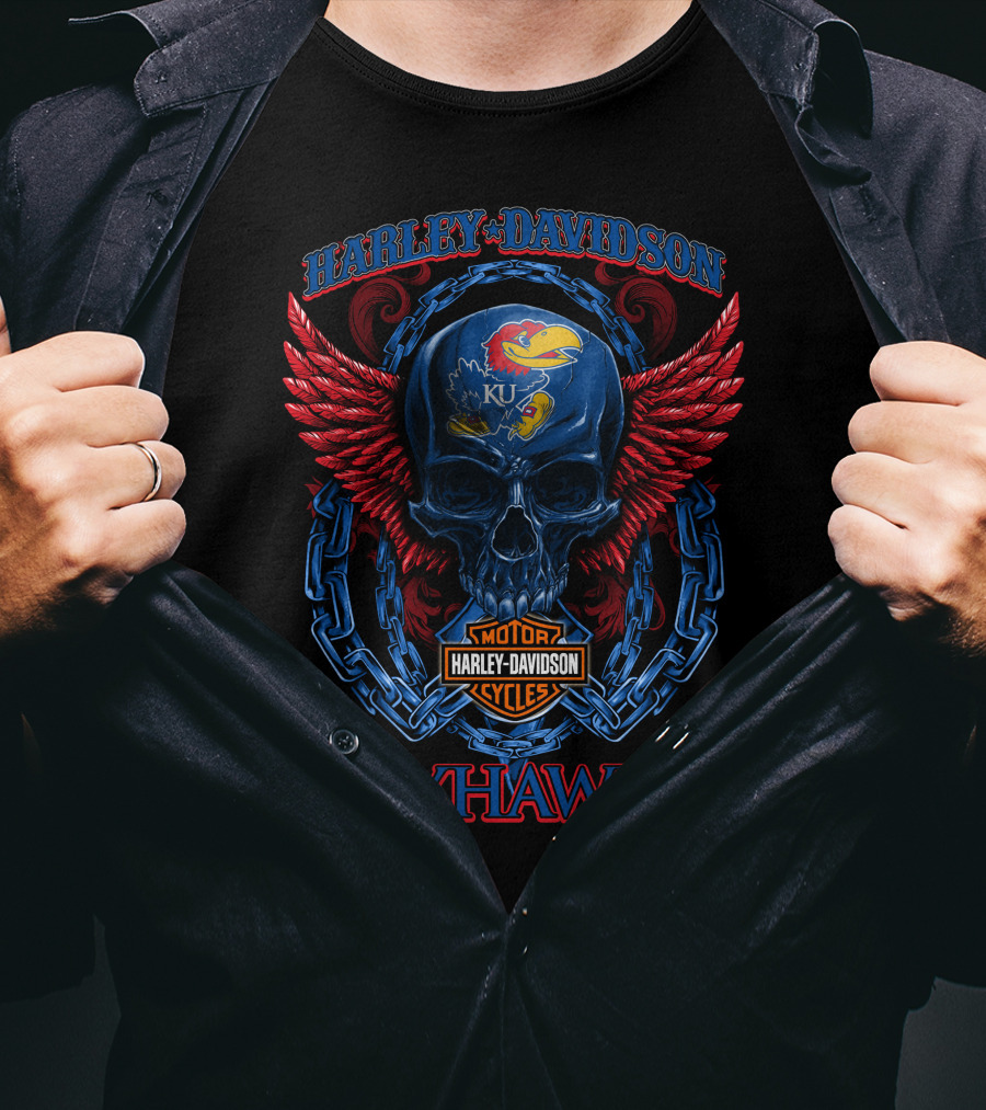 Harley Davidson Ku Jayhawks Skull Wings And Chains T-Shirt