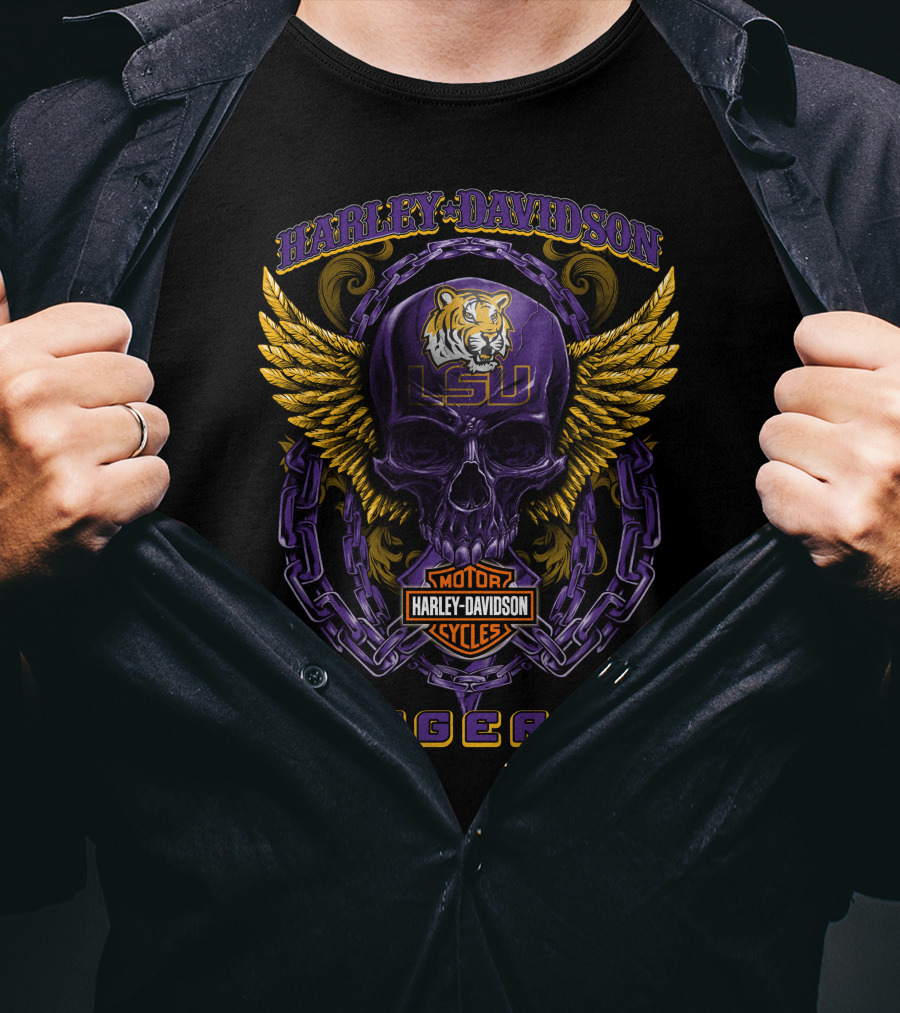 Harley Davidson Motor Cycles Lsu Tigers Skull And Wings T-Shirt