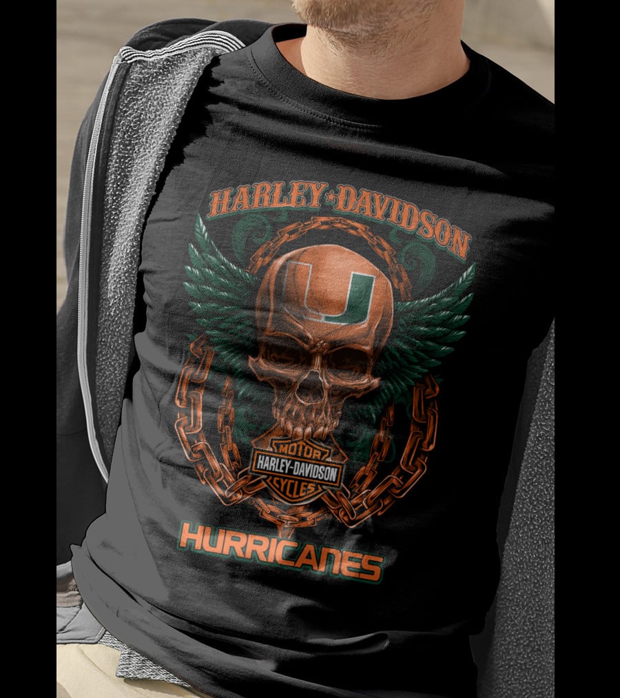 Harley Davidson Miami Hurricanes Skull Wing Motor Cycles T-Shirt