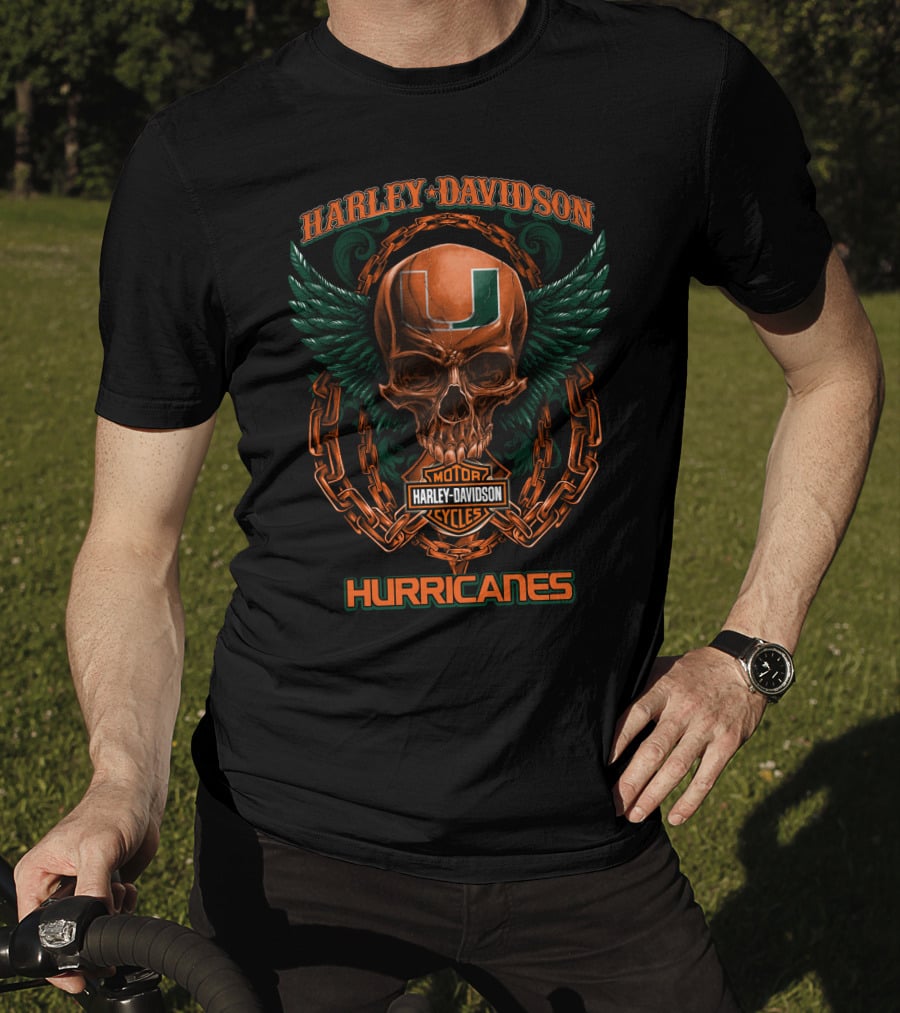 Harley Davidson Miami Hurricanes Skull Wing Motor Cycles T-Shirt
