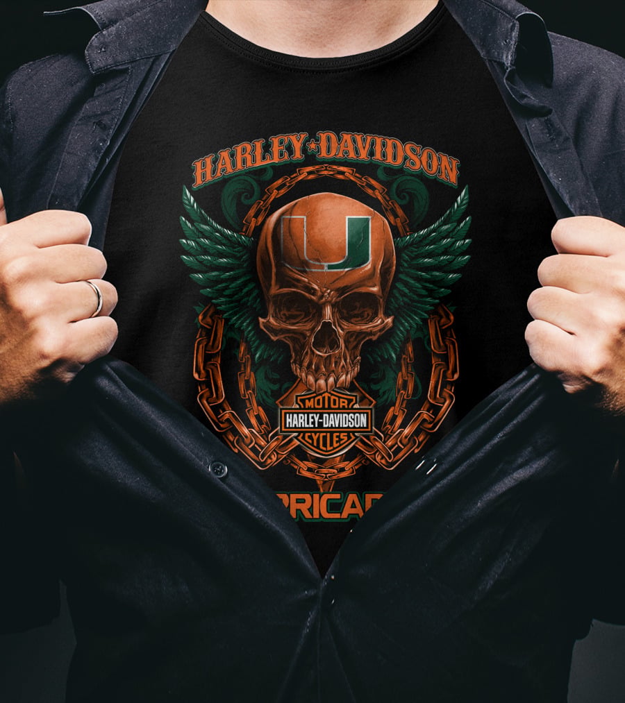 Harley Davidson Miami Hurricanes Skull Wing Motor Cycles T-Shirt