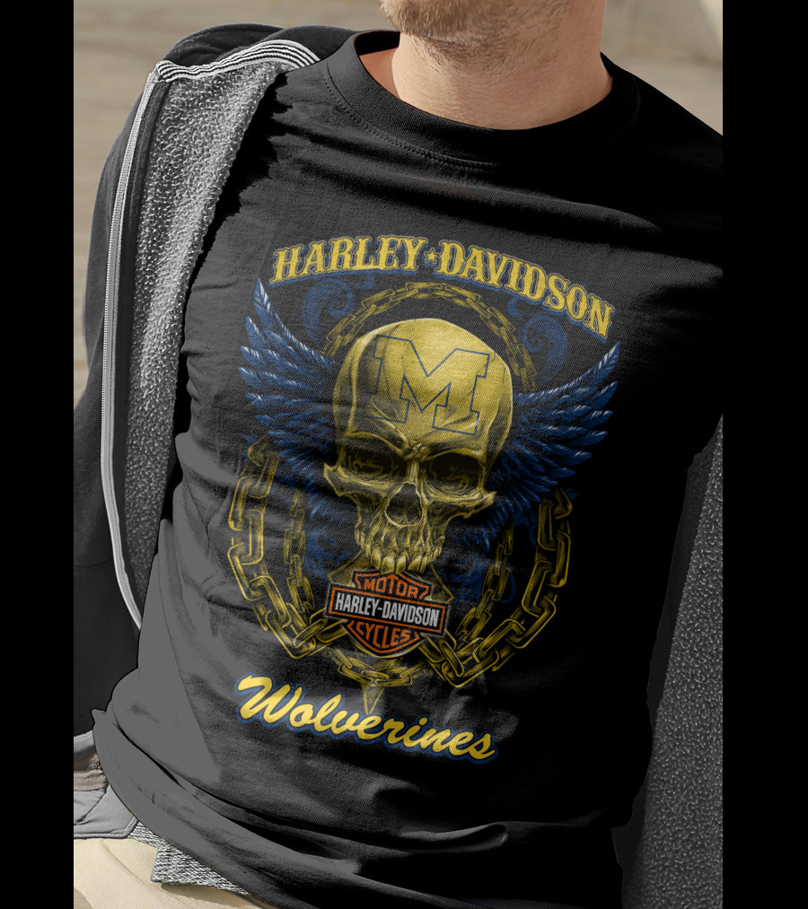 Harley Davidson Michigan Wolverines Skull Logo With Chain And Wings T-Shirt