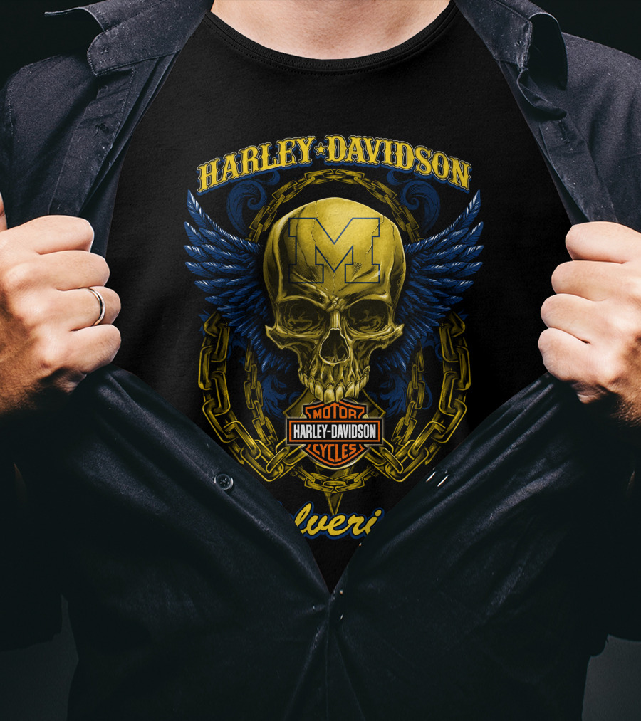 Harley Davidson Michigan Wolverines Skull Logo With Chain And Wings T-Shirt