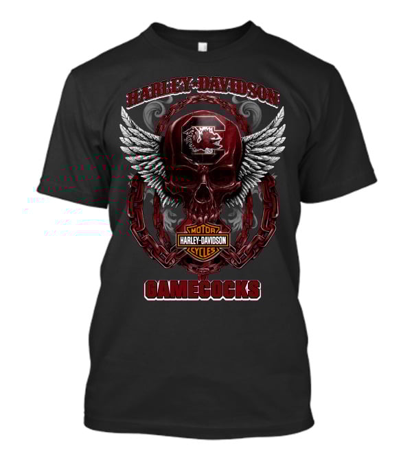 Harley Davidson South Carolina Gamecocks Skull Design With Wings And Chains T-Shirt