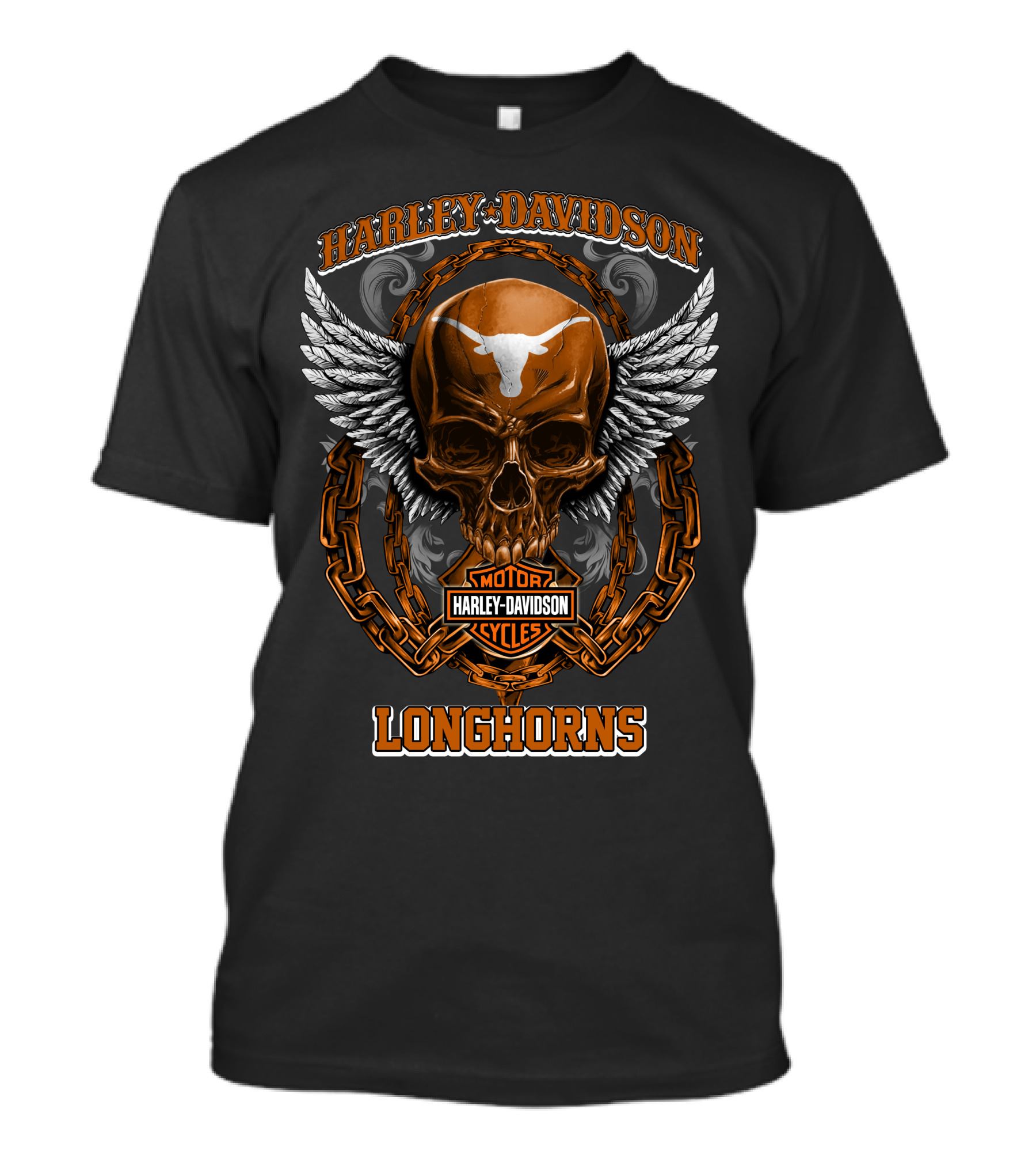 Harley Davidson Motorcycles Longhorns Skull With Wings And Chains T-Shirt