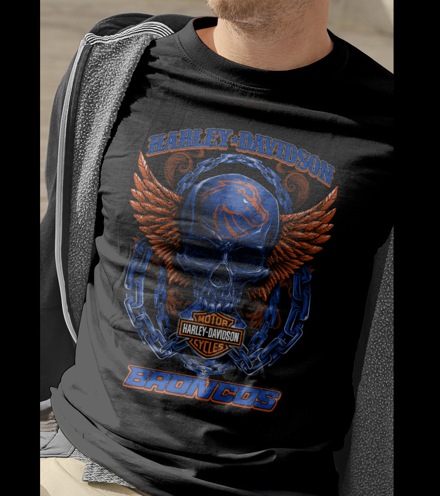 Harley Davidson Motor Cycles Boise State Broncos Skull Wings Chains T-Shirt
