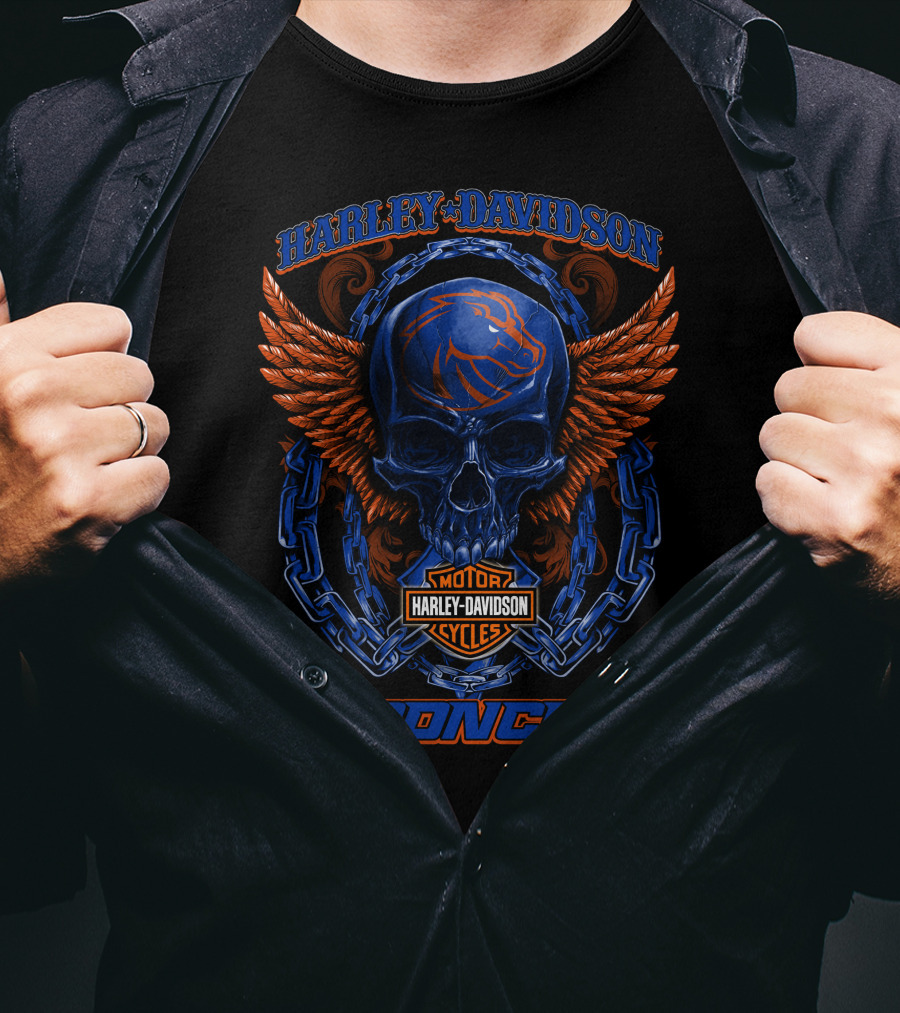 Harley Davidson Motor Cycles Boise State Broncos Skull Wings Chains T-Shirt