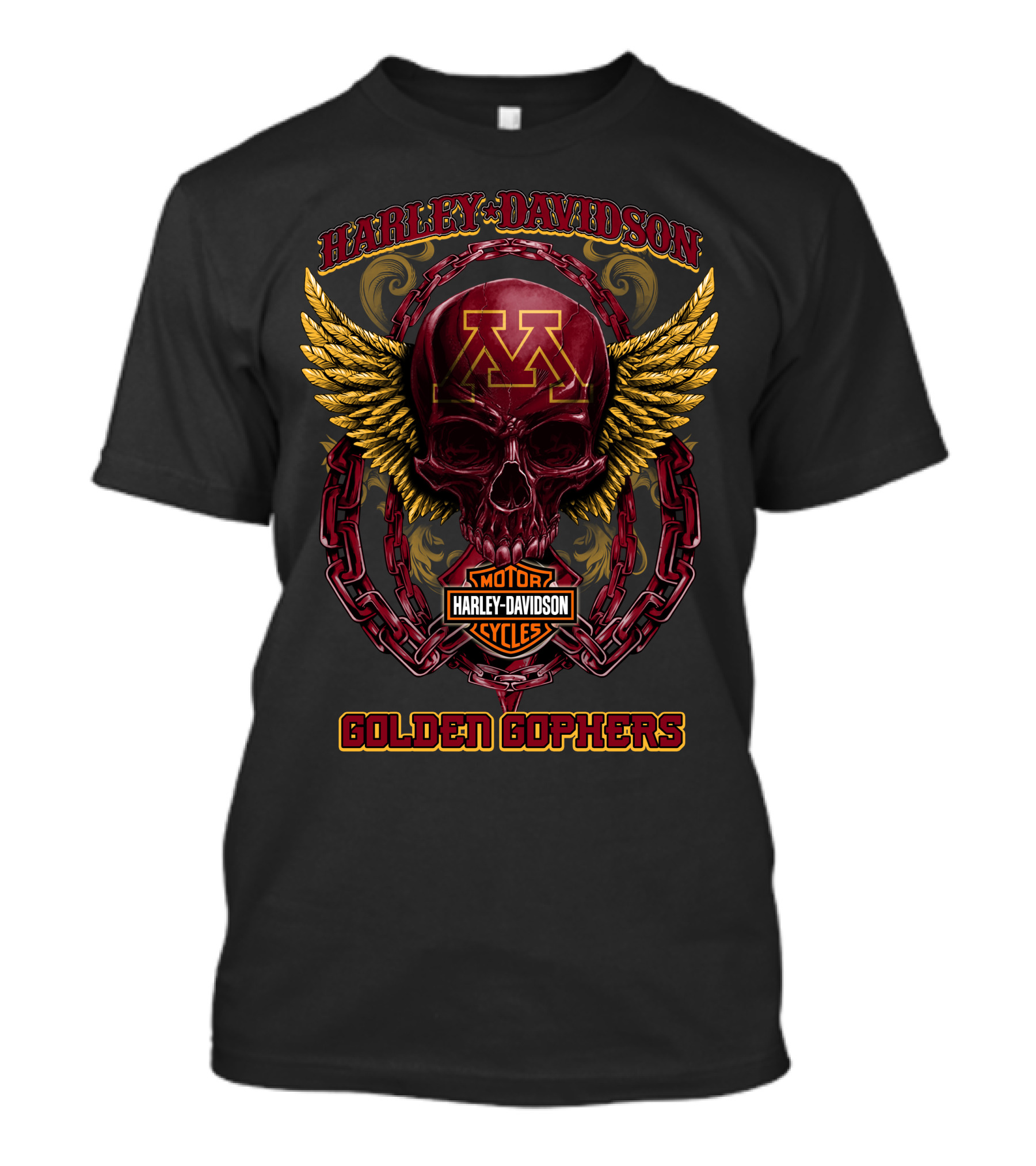 Harley Davidson Minnesota Golden Gophers Skull Wings Motorcycle Chains T-Shirt