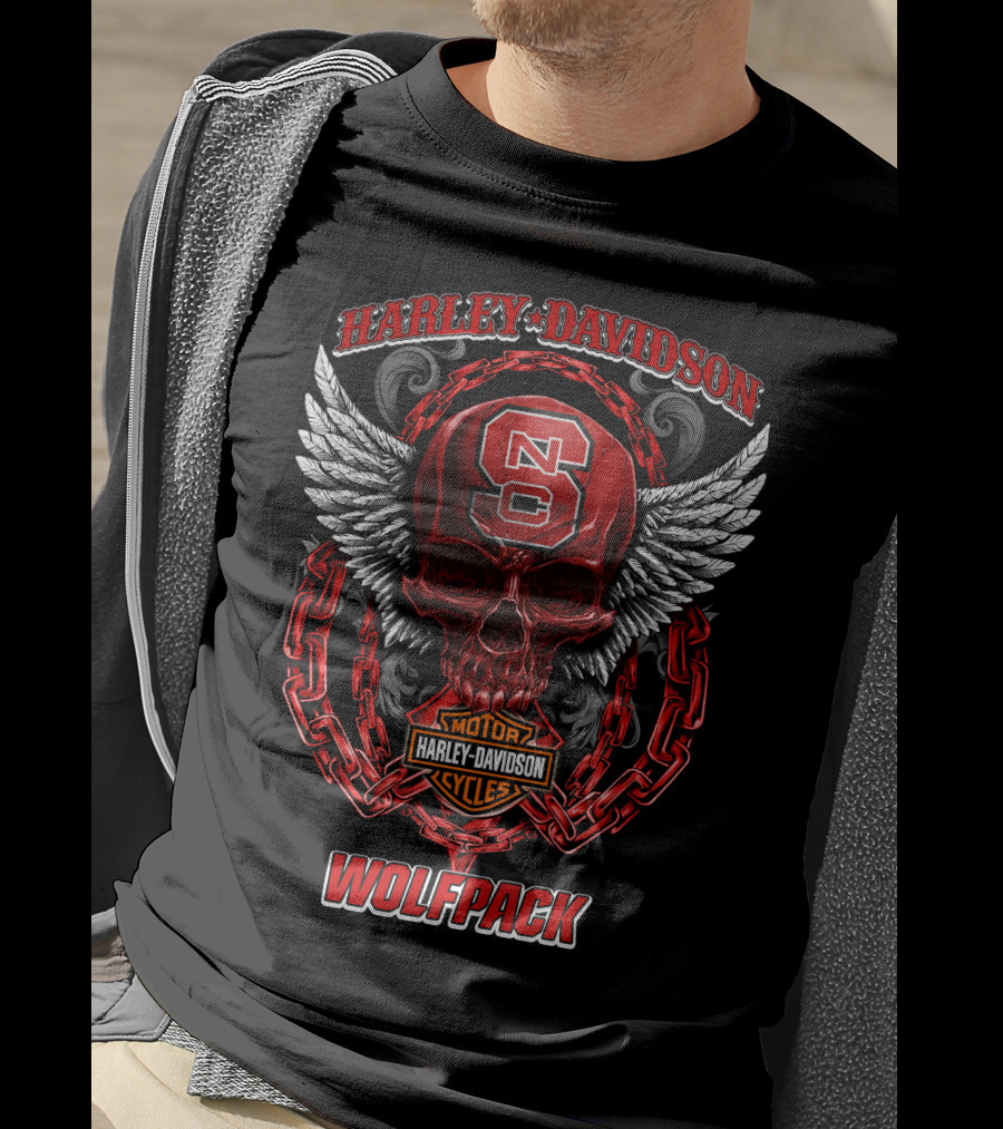 Harley Davidson North Carolina State Wolfpack Nc Skull Wings Chain Motorcycles T-Shirt