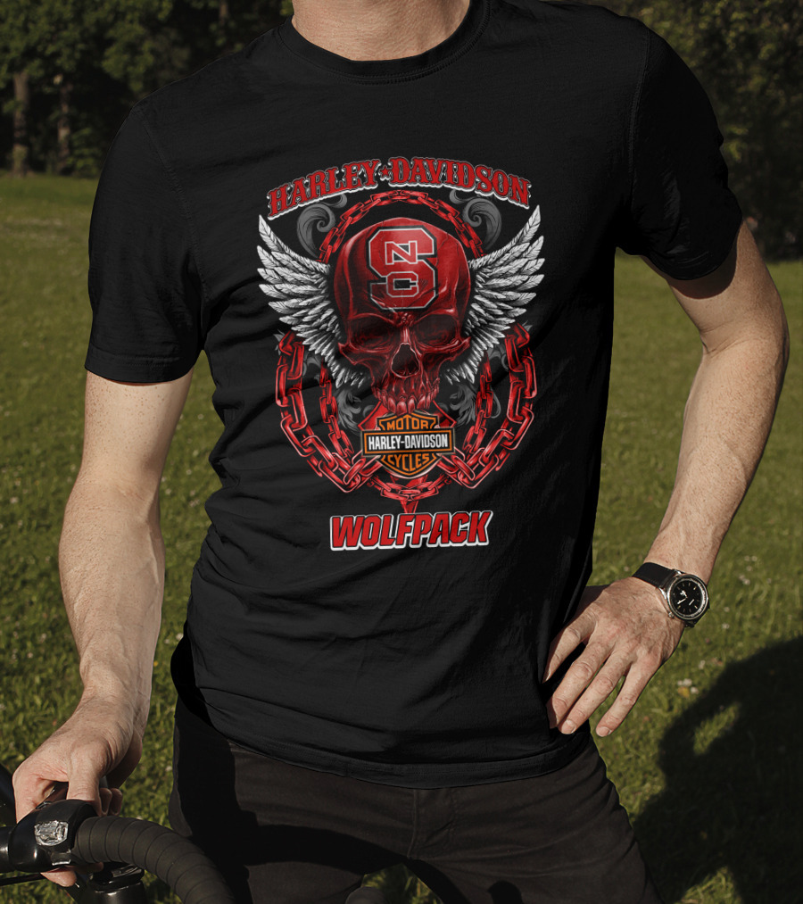 Harley Davidson North Carolina State Wolfpack Nc Skull Wings Chain Motorcycles T-Shirt