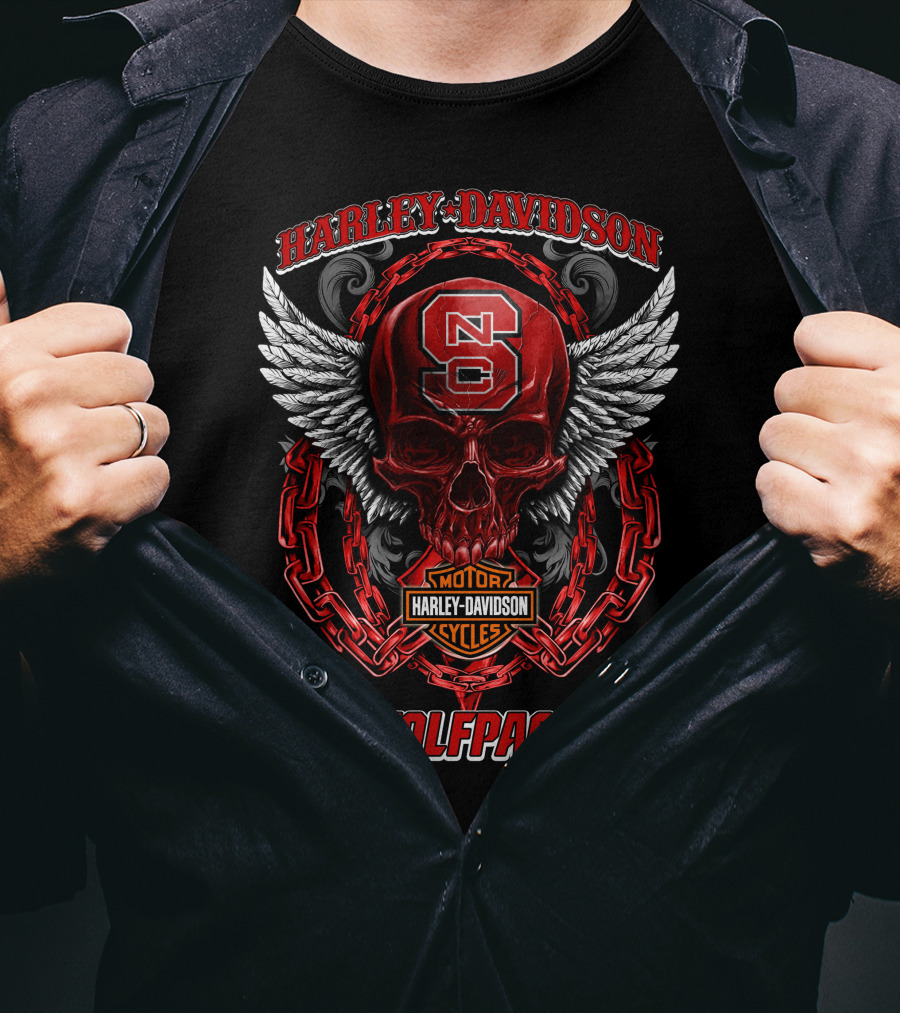 Harley Davidson North Carolina State Wolfpack Nc Skull Wings Chain Motorcycles T-Shirt