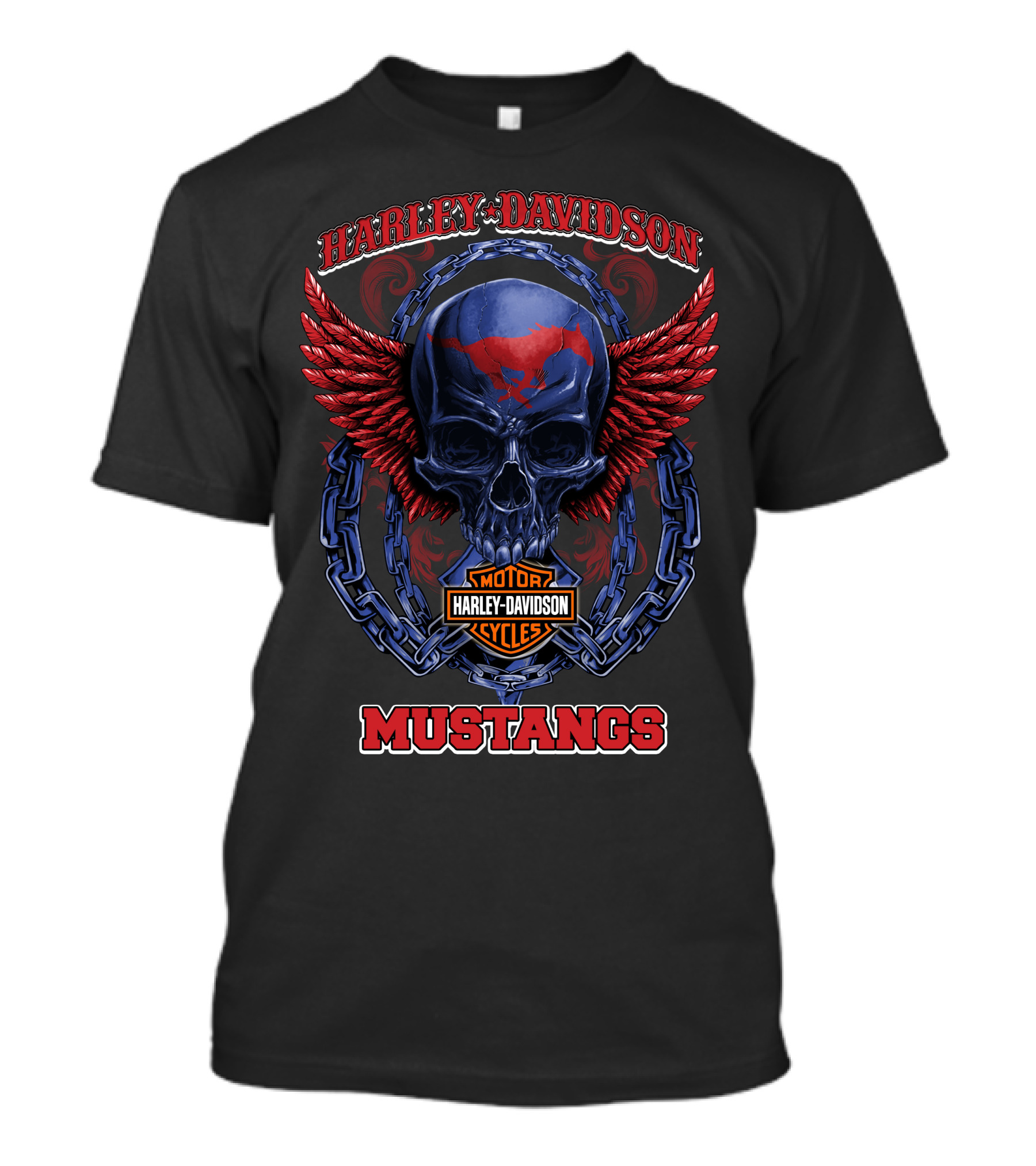 Harley Davidson Mustangs Skull With Wings And Chains T-Shirt