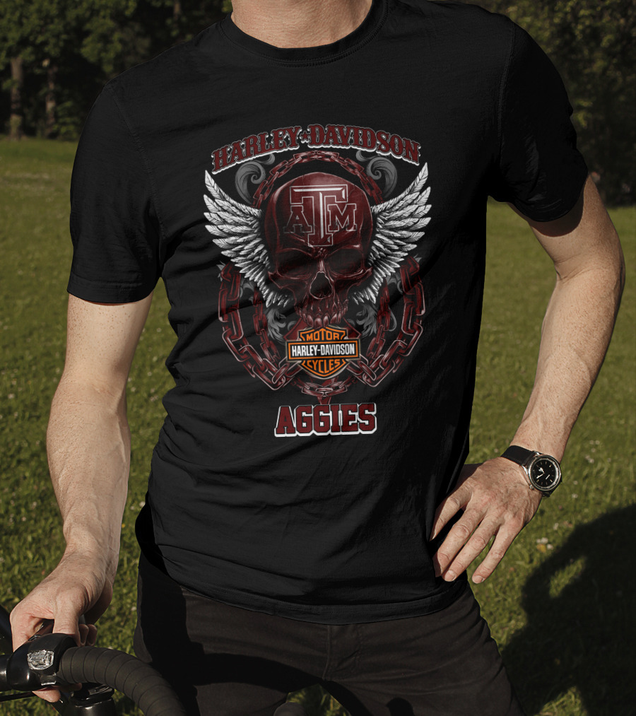 Harley Davidson Texas A&M Aggies Motorcycles Logo With Skull And Wings T-Shirt