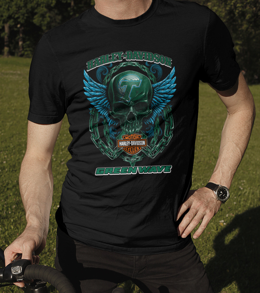 Harley Davidson Motorcycles Tulane Green Wave Skull Wings T-Shirt