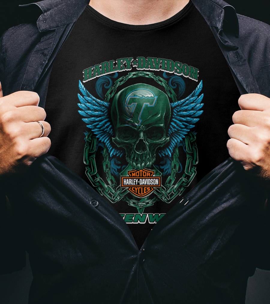 Harley Davidson Motorcycles Tulane Green Wave Skull Wings T-Shirt