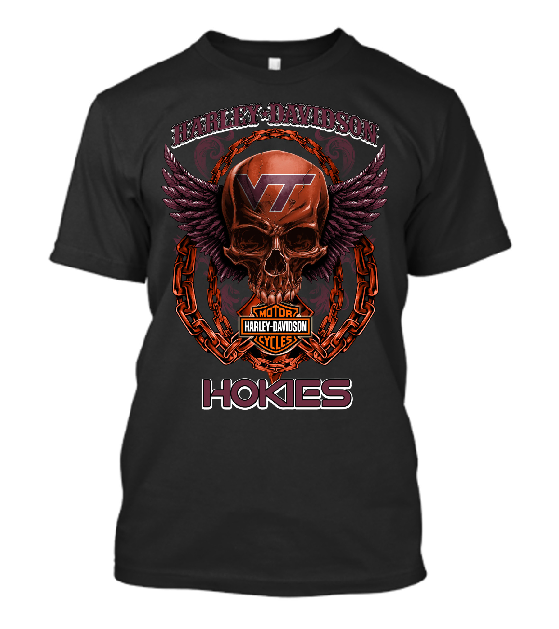Harley Davidson Vt Motorcycles Hokies Skull Chain Wings T-Shirt