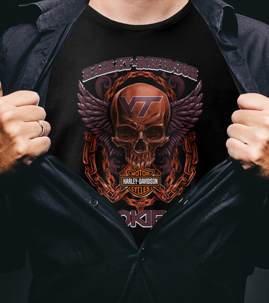 Harley Davidson Vt Motorcycles Hokies Skull Chain Wings T-Shirt