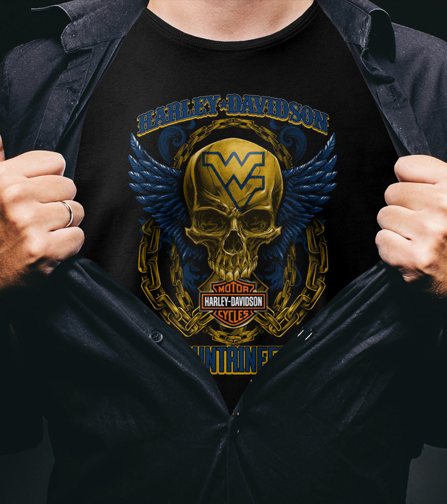 Harley Davidson West Virginia Mountaineers Motorcycles Skull Wings T-Shirt