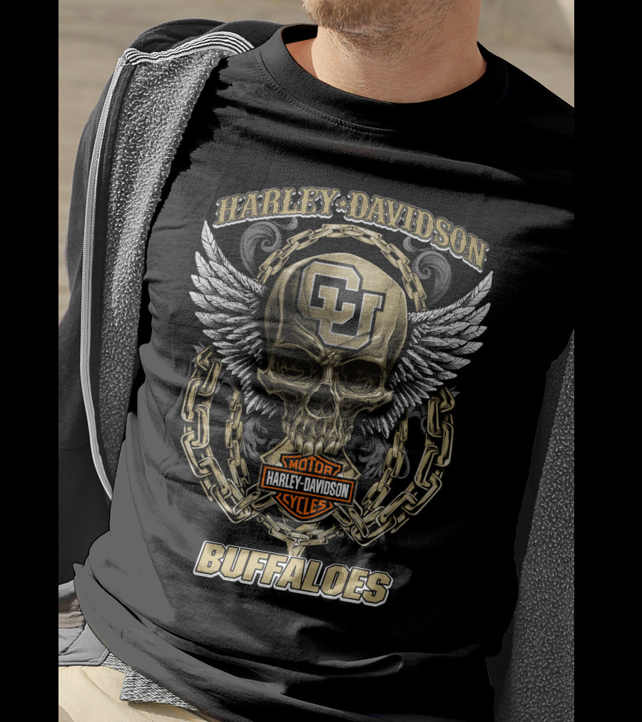 Harley Davidson Motor Cycles Colorado Buffaloes Skull Logo Chains Wings T-Shirt